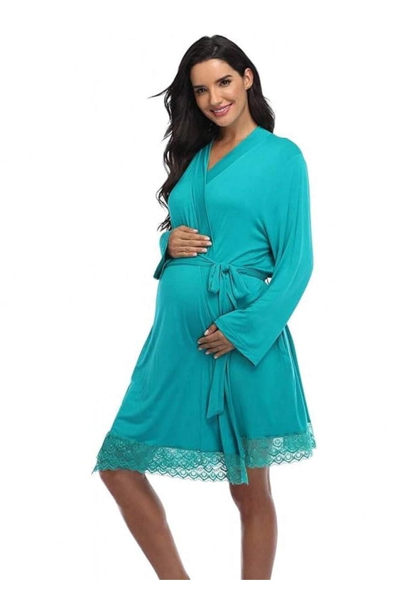 Lake Blue Maternity Wrap Robe With Lace Hem - Soft Knit Nursing & Sleepwear For Pregnant Women