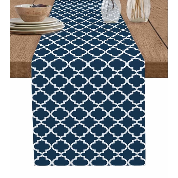 Lake Blue Morocco Short Table Runners 36 Inches, Cotton Linen Fabric Table Runner Dresser Scarf, Farm Country Moroccan Geometric Plaid Tablerunner for Party/Kitchen/Dinner/Wedding Decor 13''x36''
