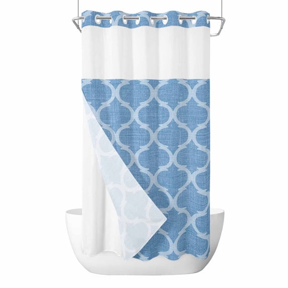 Lake Blue Plaid No Hook Shower Curtain with Snap in Liner Retro Country Moroccan National Geometrical Plaid Waterproof Bathroom Shower Curtain with See Through Top Window for Bathtub 36" x 72"