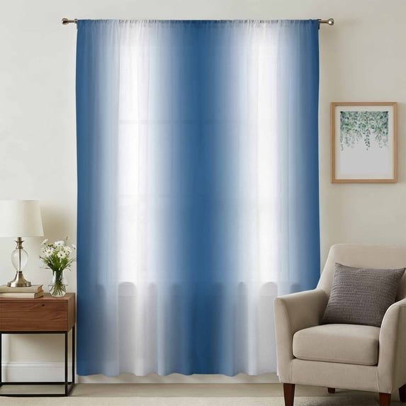 Lake Blue White Ombre Sheer Curtains 63 Inches Long, Retro Minimalist Gradient Art Light Filering Curtains, Breathable Simi Curtain Privacy Drapes for Living Room Bedroom Lightweight Window Treatment