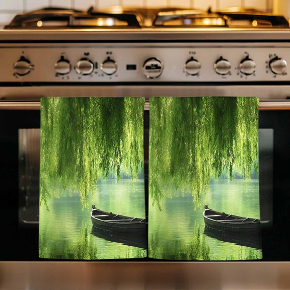 Lake Boat Pastoral Kitchen Towels Set of 1, Modern Farmhouse Lake Tree Absorbent Dish Towels for Kitchen, Microfiber Hand Towel, Quick Drying Tea Towel for Cleaning Decorative Dishcloths