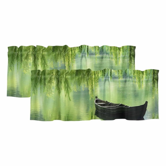 Lake Boat Pastoral Valances for Windows, Decorative Rod Pocket Window Valance Curtains, Modern Farmhouse Lake Tree Short Curtain Drapes for Kitchen/Bathroom/Living Room, 2 Panels, 42" W x 12" L