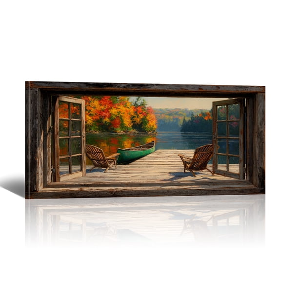 Lake Boat Window Canvas Wall Art - Nature Scenery Coastal Pictures Landscape Canvas Prints, Horizontal Modern Painting Artwork for Living Room Bedroom
