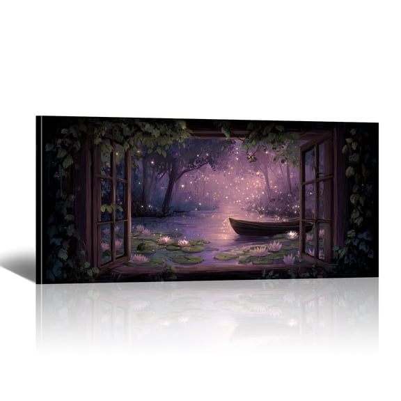 Lake Boat Window Canvas Wall Art - Nature Scenery Coastal Pictures Landscape Canvas Prints, Horizontal Modern Painting Artwork for Living Room Bedroom