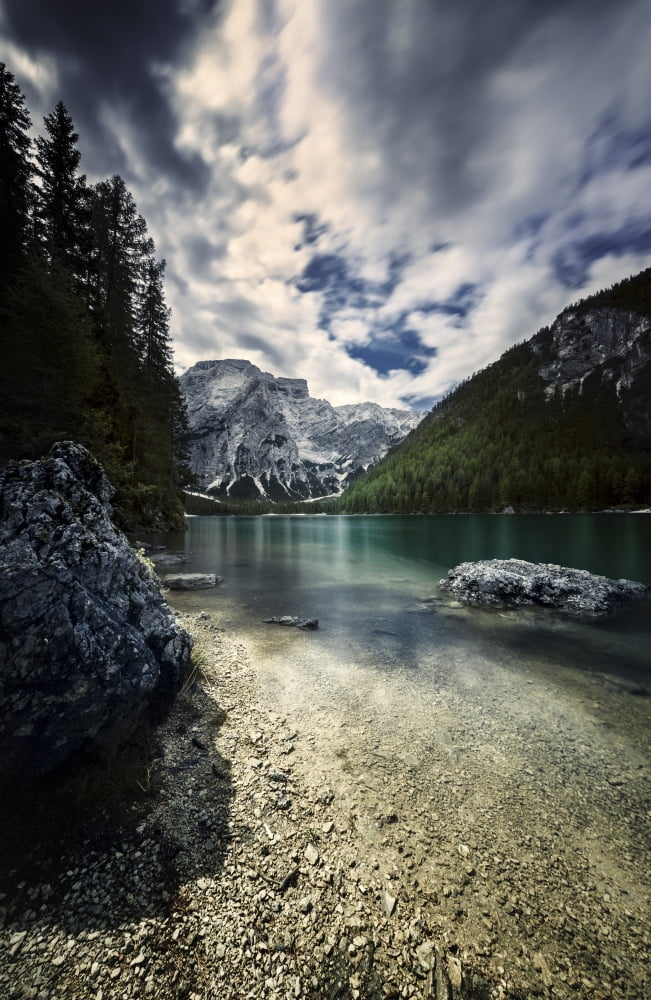 Lake Braies and Dolomite Alps against stormy clouds Northern Italy Canvas Art - Evgeny KuklevStocktrek Images (12 x 18)