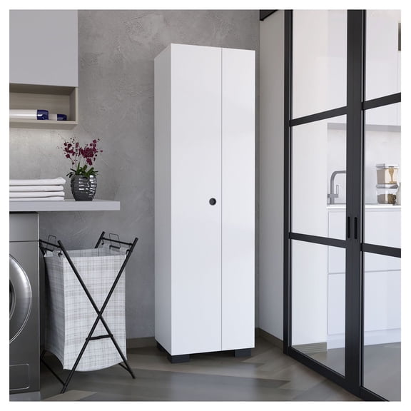 Lake Broom Cabinet White - Slim Storage Organizer with Shelves & Mop Holders - Freestanding Cleaning Supply Closet for Laundry, Utility Room, Entryway