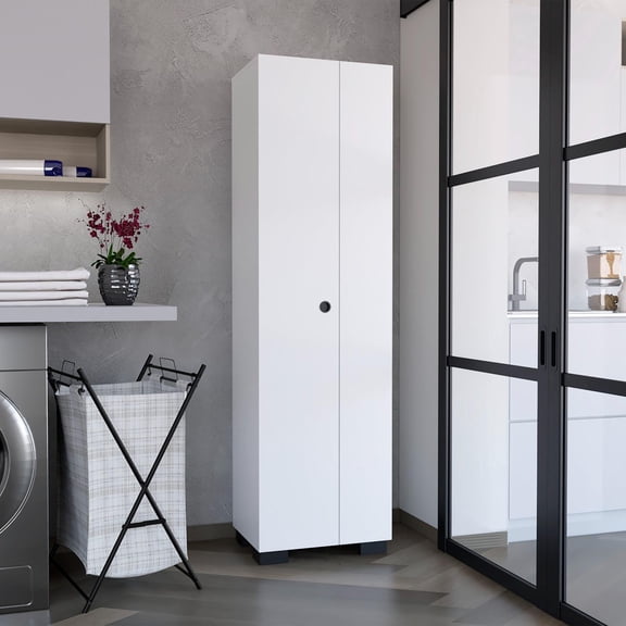 TUHOME Lake Slim Broom Cabinet, 71.3" Tall Freestanding Pantry Cabinet, 5 Shelves, 2 Doors, White