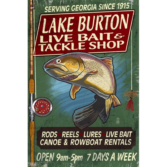Lake Burton, Georgia, Tackle Shop Trout Vintage Sign (9x12 Wall Art Print, Home Decor)
