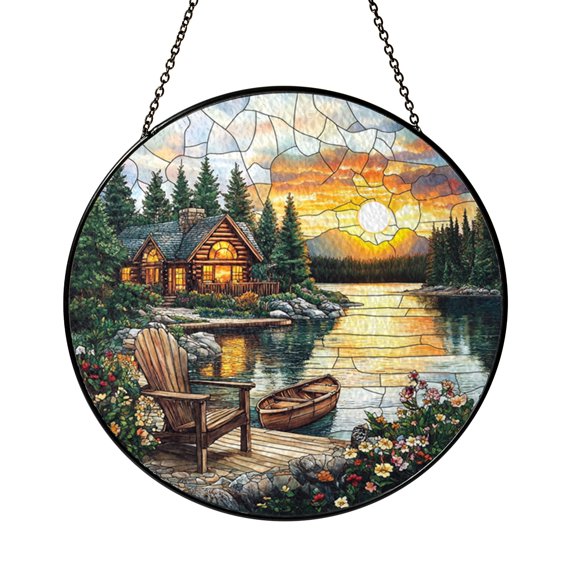 Lake Cabin Sunset Stained Glass Suncatcher Window Hanging, Warm Lakeside Landscape Decor, Cozy Home Gift