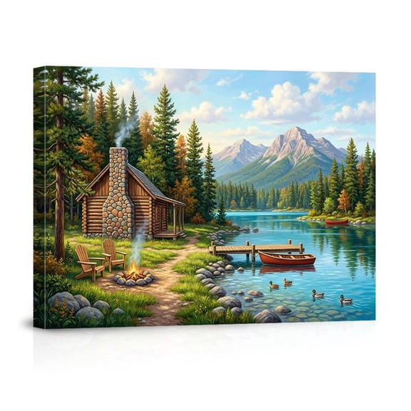 Lake Cabin With Campfire Mountain Rustic Lodge For Home Living Room Canvas
