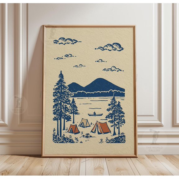 Lake Camping Poster, Vintage Nature Wall Art, Minimal Outdoor Landscape Print, Poster Only