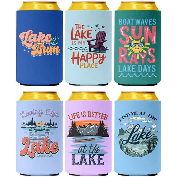 Lake Can Cooler Sleeves, Lake Essentials 6 Pack Cozy Bulk, Funny Boat Can Sleeves Gifts for Lake House Lover, Boat Lovers