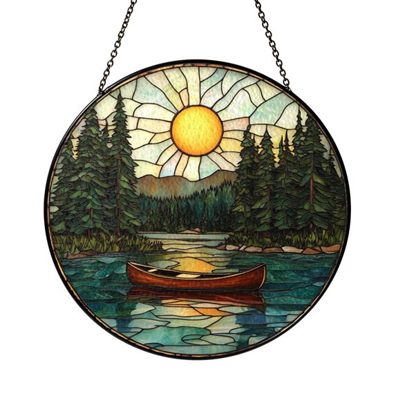 Lake Canoe Landscape Window Hanging – Stained Glass Style Nature Decor