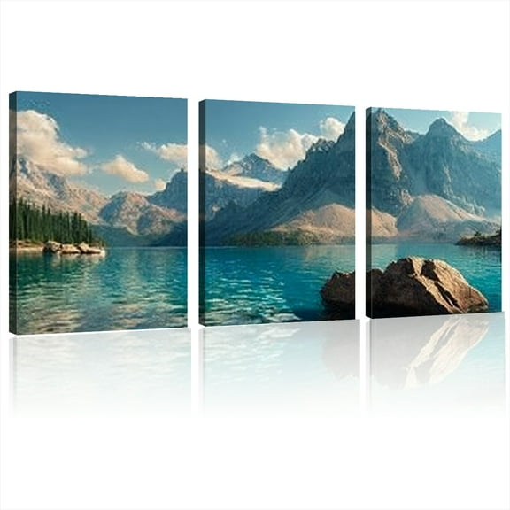 Lake Canvas Art - Serene Blue Sky &amp; Snow-Capped Peaks Scene, Vibrant Landscape Wall Decor for Living Room, Bedroom, Kitchen, Dining Room, Indoor Decor12*16inch*3pcs