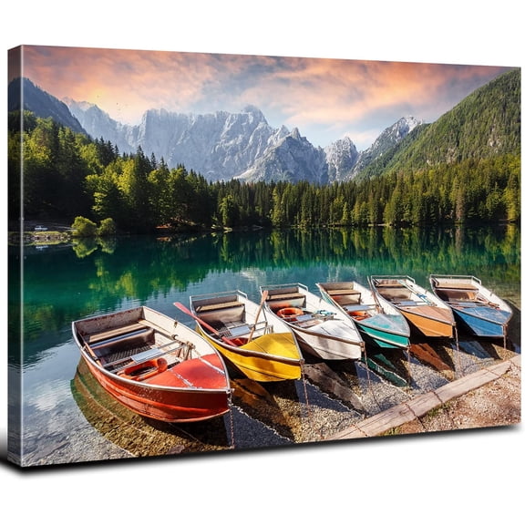 Lake Canvas Wall Art Mountain Skyline Boat Picture Wall Decor Nature Landscape Painting for Living Room Bedroom Bathroom Home Decorations National Park Photography Colorful Modern Framed Artwork 12x16