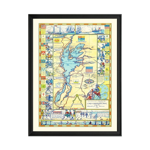 Lake Champlain Art, 1939 Vintage Map of Lake Champlain History Wall Decor Gift, Old Lake Champlain Map - 18" x 24" Black Framed Print
