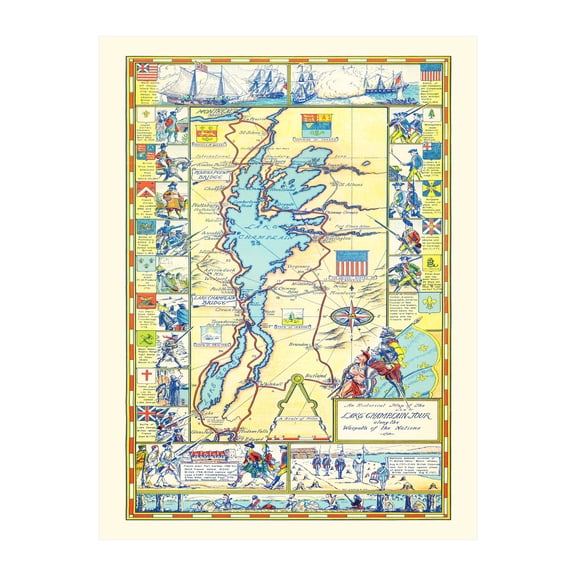 Lake Champlain Art, 1939 Vintage Map of Lake Champlain History Wall Decor Gift, Old Lake Champlain Map - 18" x 24" Unframed Print