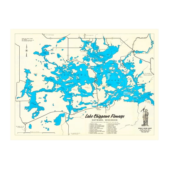 Lake Chippewa Art, 1950 Vintage Map of Lake Chippewa History Wall Decor Gift, Old Lake Chippewa Map - 24" x 18" Unframed Print