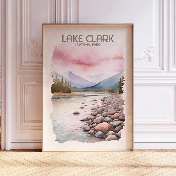 Lake Clark National Park Soft Pastel Landscape Travel Poster, Unframed Size 8x12