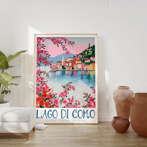 Lake Como Italy Art Poster: Bellagio, Varenna Travel Poster, Stretched Canvas Size 12x18