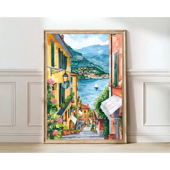 Lake Como Italy Illustration Travel Scenery Gallery Wall Art, Unframed Canvas Size 8x12
