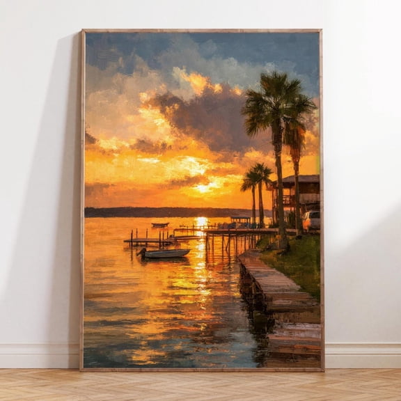 Lake Conroe Texas Golden Waterfront Sunset Dock Art, Unframed Paper Print Size 8x12
