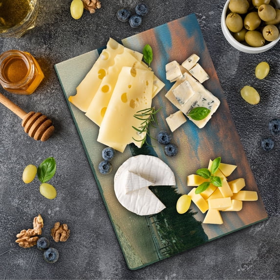 Lake Cutting Board, Romantic Sunset at Lake Tahoe Peaceful Shoreline Sierra Nevada United States, Decorative Tempered Glass Cutting and Serving Board, Small Size, Salmon Green Ivory, by Ambesonne