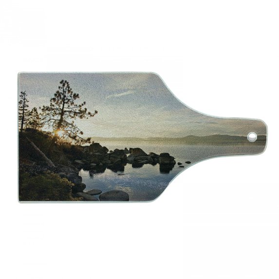 Lake Cutting Board, Tahoe at Sunset Clear Sky and Single Pine Tree Rest Peaceful Weekend Photo Print, Decorative Tempered Glass Cutting and Serving Board, Wine Bottle Shape, Blue Grey, by Ambesonne
