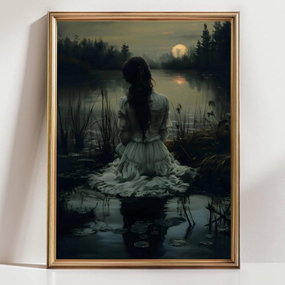 Lake Dark Romantic Woman In At Dusk Cottagecore Gothic Moonlight Art ...