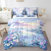 Lake Decor Comforter Set 7 Piece Bed in a Bag Twin,Jungle Flowers Sheet Set with Comforter Lake View Bedding Sets,Botanical Boho Floral Bed Set Nature Landscape Art Room Decor Aesthetic