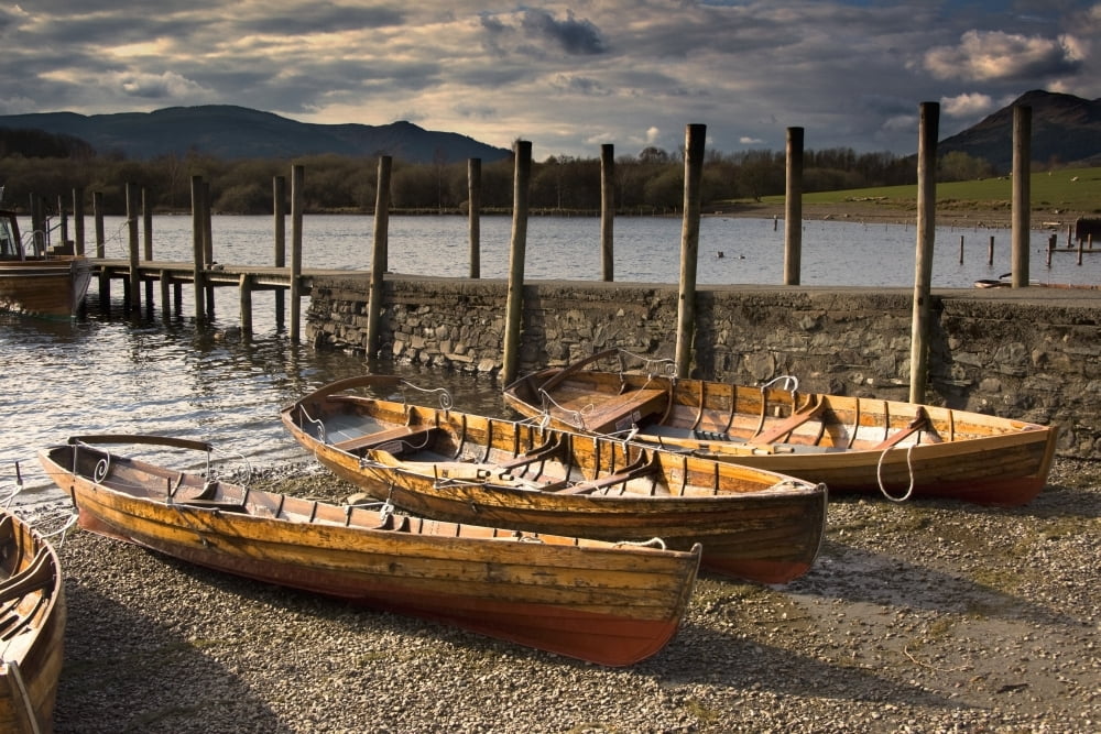 Lake District Cumbria England Four Rowboats On Shore Canvas Art - John Short Design Pics (17 x 11)
