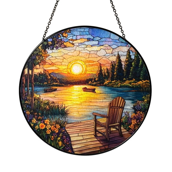 Lake Dock Glass Suncatcher for Window Decor, Scenic Boat Light Catcher Hanging Ornament, Relaxing Cabin Style Gift