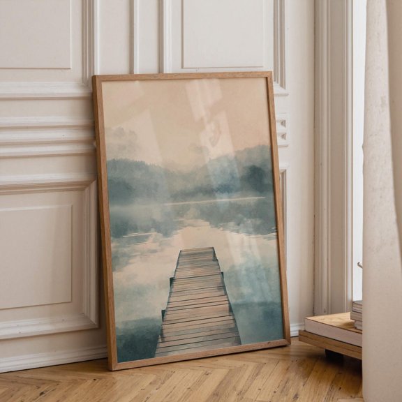 Lake Dock Neutral Pier Landscape Rustic Coastal Decor, Unframed Poster