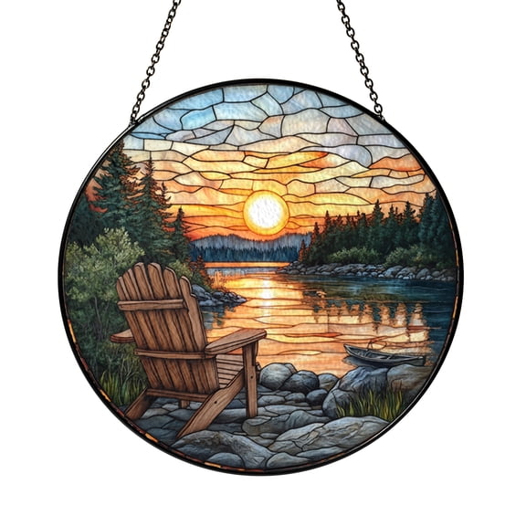 Lake Dock Stained Glass Suncatcher, Window Hanging Decor Featuring Wooden Dock, Boat and Calm Water Scene
