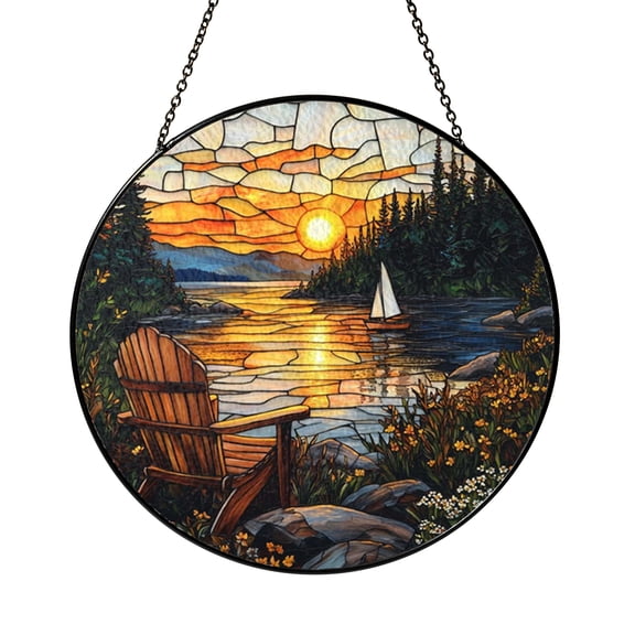 Lake Dock Stained Glass Suncatcher Window Hanging, Peaceful Boat Scene Home Window Decor