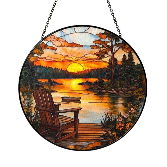 Lake Dock with Boat Stained Glass Style Window Decor – Scenic Hanging Art