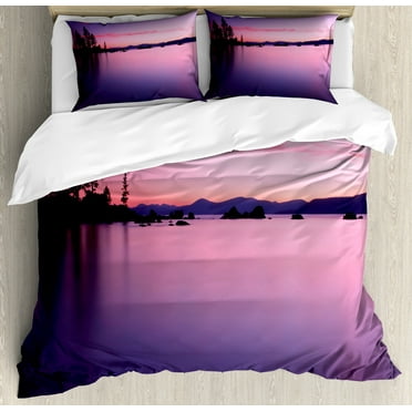 Lake Duvet Cover Set, Calm Lake After Sun Disappeared with Evening Skyline Tranquil Nature Inspired Print, Decorative 3 Piece Bedding Set with 2 Pillow Shams, Calking Size, Purple, by Ambesonne