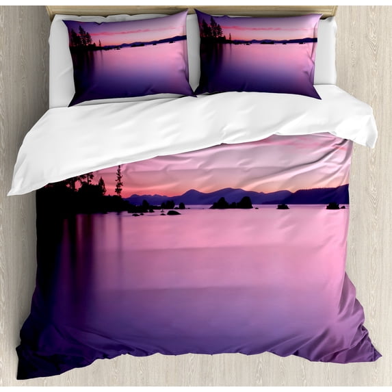 Lake Duvet Cover Set, Calm Lake After Sun Disappeared with Evening Skyline Tranquil Nature Inspired Print, Decorative 3 Piece Bedding Set with 2 Pillow Shams, Queen Size, Purple, by Ambesonne