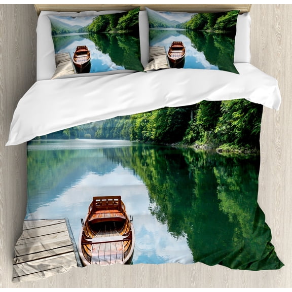 Lake Duvet Cover Set King Size, Wooden Boat at Pier on Biograd Mountain Lake Montenegro Idyllic Springtime, Decorative 3 Piece Bedding Set with 2 Pillow Shams, Green Brown Pale Blue, by Ambesonne