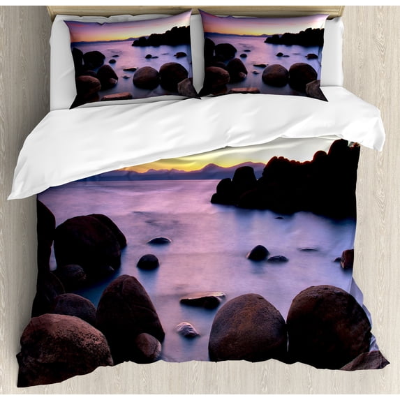 Lake Duvet Cover Set, Long Exposure Still Lake with Big Rocks in Blurred Water and Misty Color Sky Scenery, Decorative 3 Piece Bedding Set with 2 Pillow Shams, King Size, Grey Purple, by Ambesonne