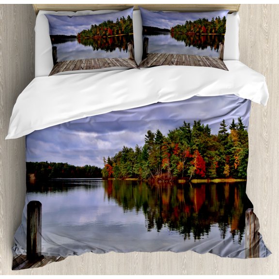 Lake Duvet Cover Set Queen Size, Wooden Dock and Island Ablaze in Fall Splendor Ludington State Park in Michigan USA, Decorative 3 Piece Bedding Set with 2 Pillow Shams, Multicolor, by Ambesonne