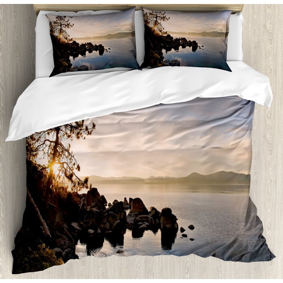 Lake Duvet Cover Set, Tahoe at Sunset Clear Sky and Single Pine Tree Rest Peaceful Weekend Photo Print, Decorative 3 Piece Bedding Set with 2 Pillow Shams, Queen Size, Blue Grey, by Ambesonne