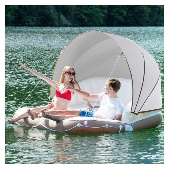 Lake Floats, 2-3 Person 441lbs Big Floating Island with UPF50 Canopy, Built-in Cup Holder & Grabbing Ropes, Indoor, Poolside, River, Beach Lounge Raft, Inflatable Water Floats for Adults