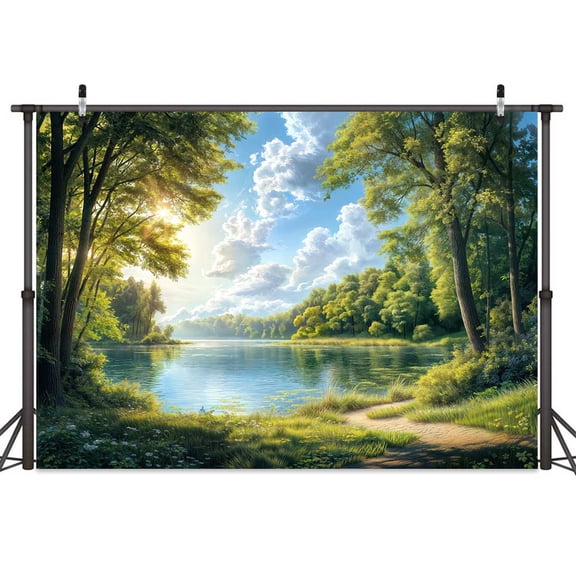 Lake Forest Backdrop,Park Scenery Backdrop,Water Tree Sky Cloud Photography Background,Outdoor Party Decorations,Picnic Camping Hiking Banner,Countryside Field Shooting Decor Props-7x5FT
