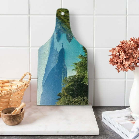Lake Forest Cutting Board, Aerial View of Annecy Lake Pines Paragliding, Decorative Tempered Glass Cutting and Serving Board, in 3 Sizes, by Ambesonne