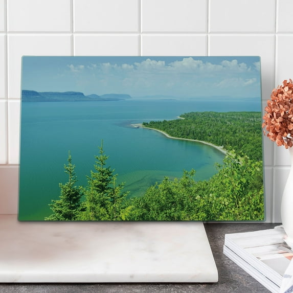 Lake Forest Cutting Board, Lake Superior Panoramic Holiday Landscape, Decorative Tempered Glass Cutting and Serving Board, in 3 Sizes, by Ambesonne