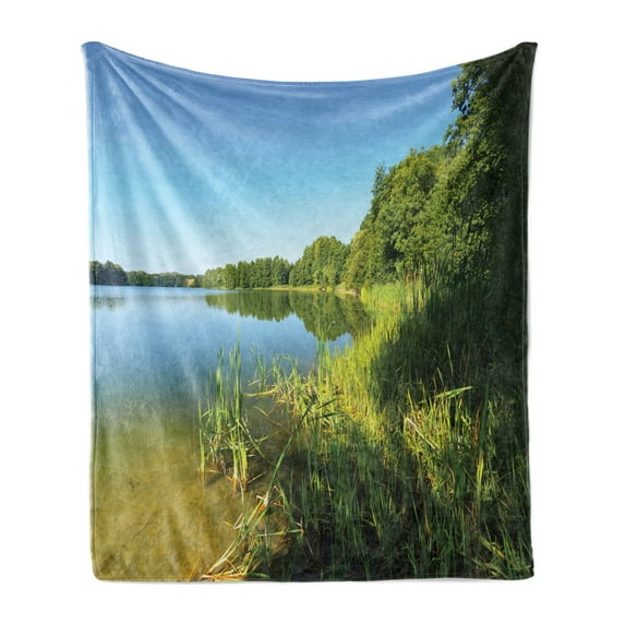 Lake Forest Soft Flannel Fleece Throw Blanket, Coastline Forest with Lake Rural Wild Sunny Nature Photo, Cozy Plush for Indoor and Outdoor Use, 50" x 60", Lime Green Sky Blue, by Ambesonne