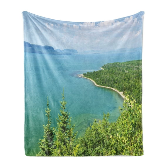 Lake Forest Soft Flannel Fleece Throw Blanket, Lake Superior Panoramic Holiday Landscape, Cozy Plush for Indoor and Outdoor Use, 50" x 70", Green Sea Blue, by Ambesonne