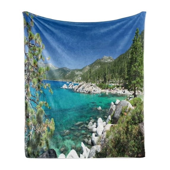 Lake Forest Soft Flannel Fleece Throw Blanket, Lake Tahoe Shore Rocks Turquoise Water, Cozy Plush for Indoor and Outdoor Use, 60" x 80", Multicolor, by Ambesonne