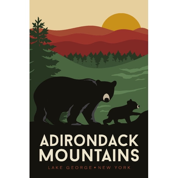 Lake George, New York, Adirondack Mountains, Bear and Cub, Fall Colors Press (16x24 Giclee Gallery Art Print, Vivid Textured Wall Decor)